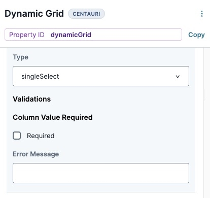 A static image displaying the Single Select column's Validations settings.