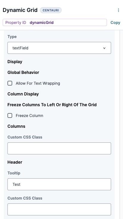 A static image displaying the Text Field column's Display settings.