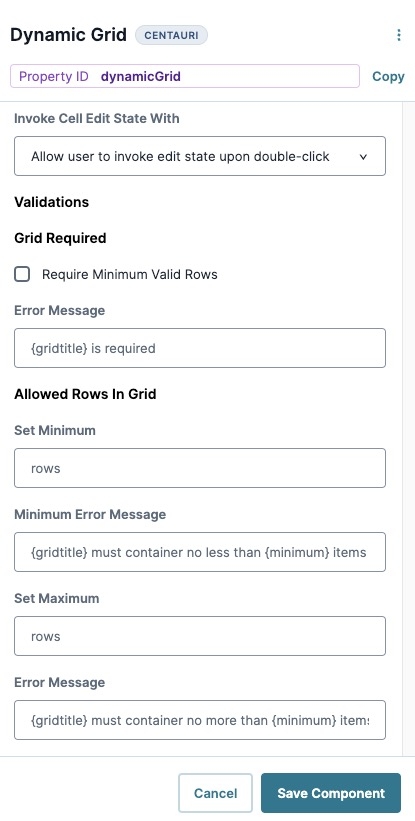 A static image displaying the Dynamic Grid's Validations settings.