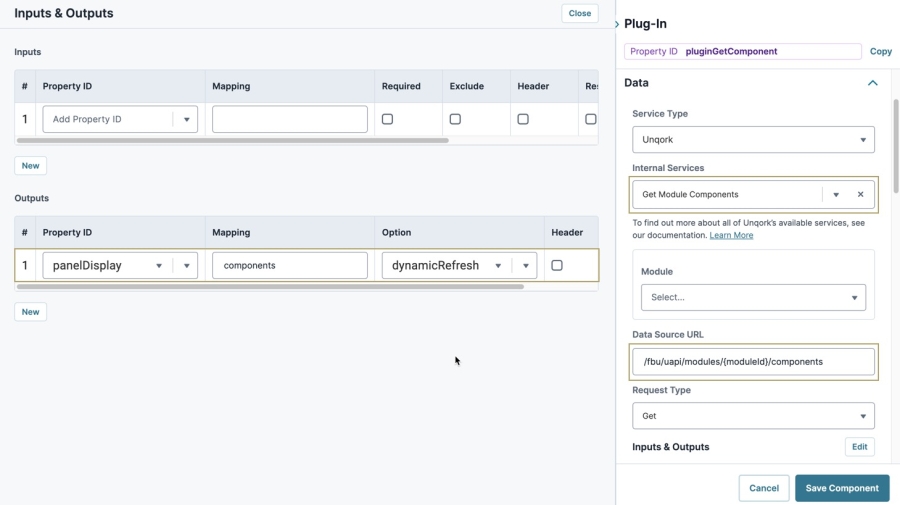 A static impage displaying the Plugin settings, the Internal Services, Data Source URL, and Outputs sections are highlighted.