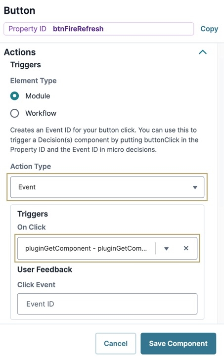 A static image displaying the Button component's Action panel settings.