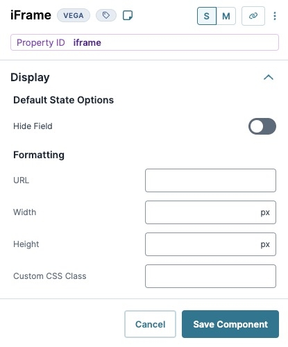 A static image displaying the iFrame component's Display settings.