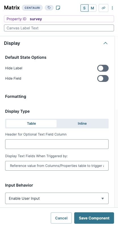 A static image displaying the Matrix component's display settings.