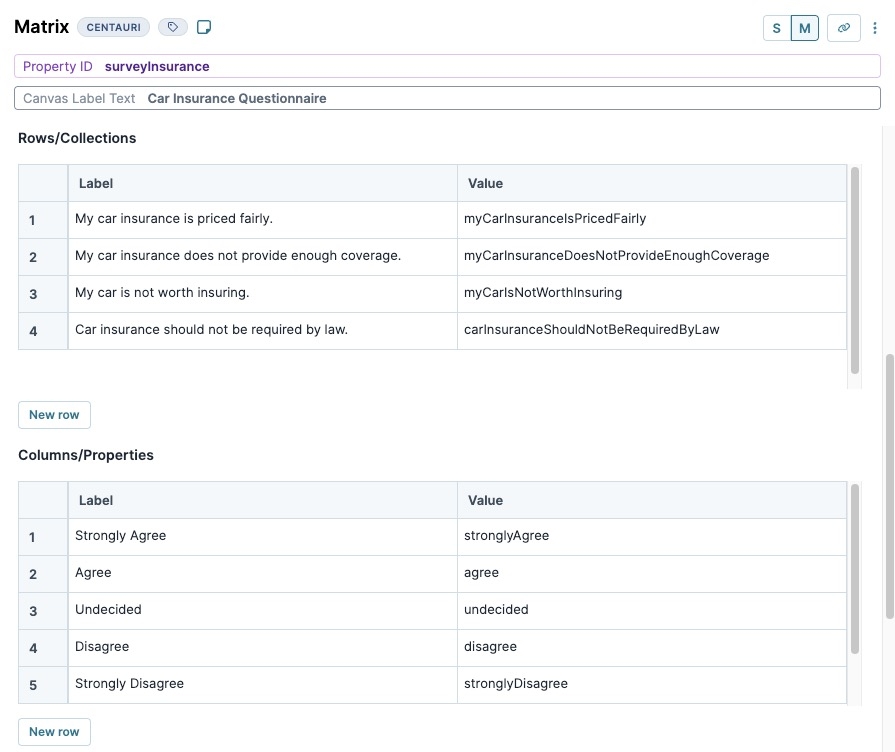 A static image displaying the surveyInsurance Matrix component's settings.