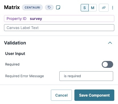 A static image displaying the Matrix component's validation settings.