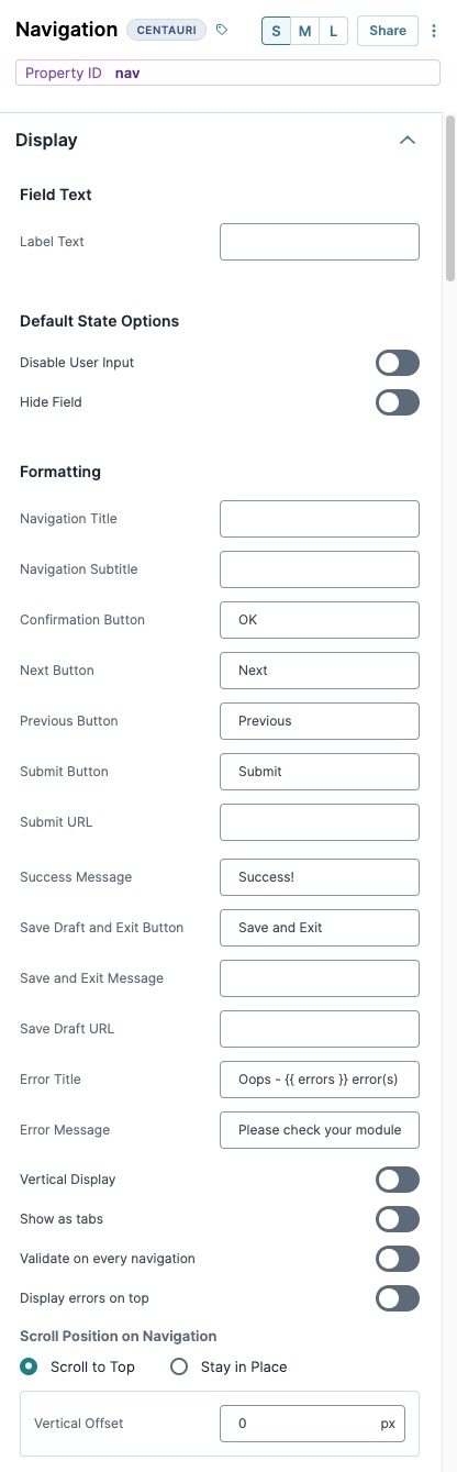 A static image displaying the Navigation component's Display settings.