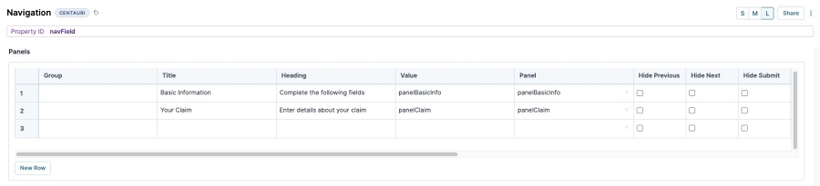 A static image displaying the Navigation Component's Panels-table settings. The Title, Heading, Value, and Panel columns are filled out.