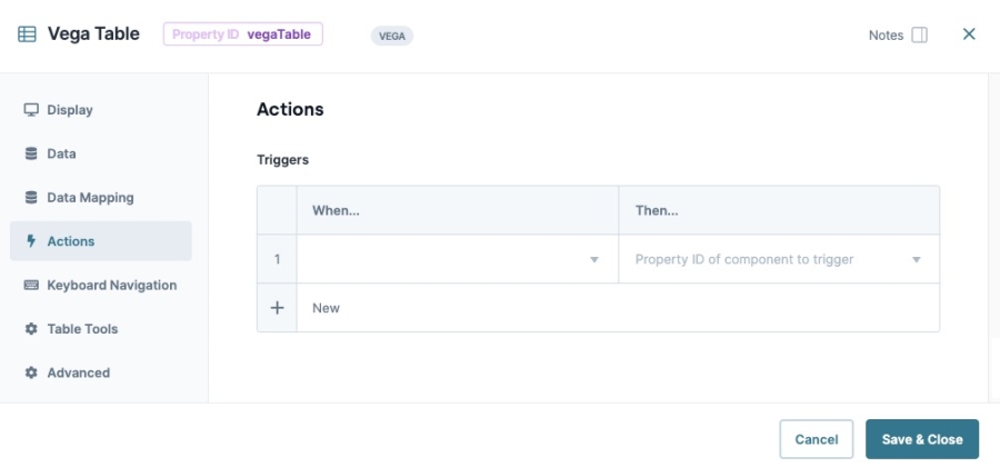 Image displaying the Vega Table component's Action Panel Settings.