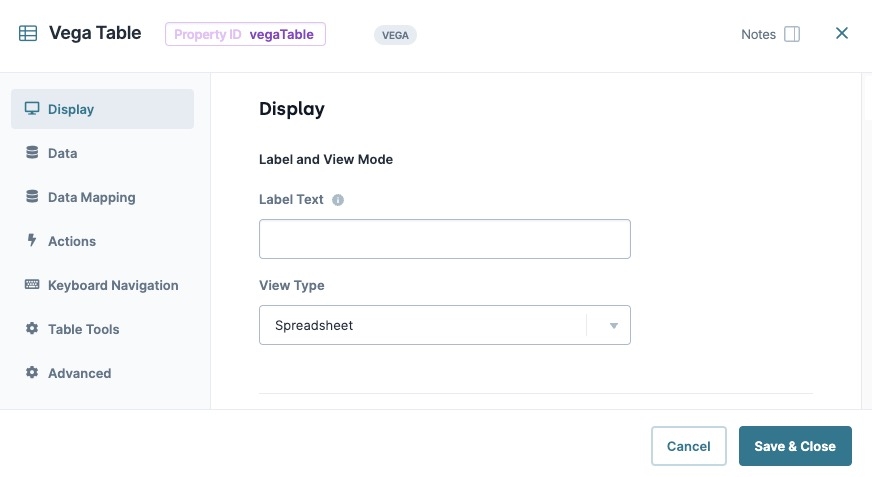 Image displaying the Vega Table component's Display Panel Settings.