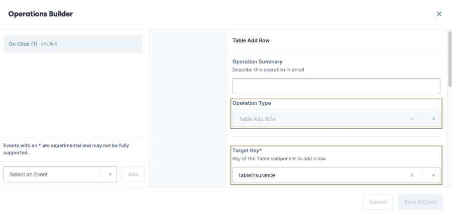 A static image displaying the Button component's Events & Operations builder.