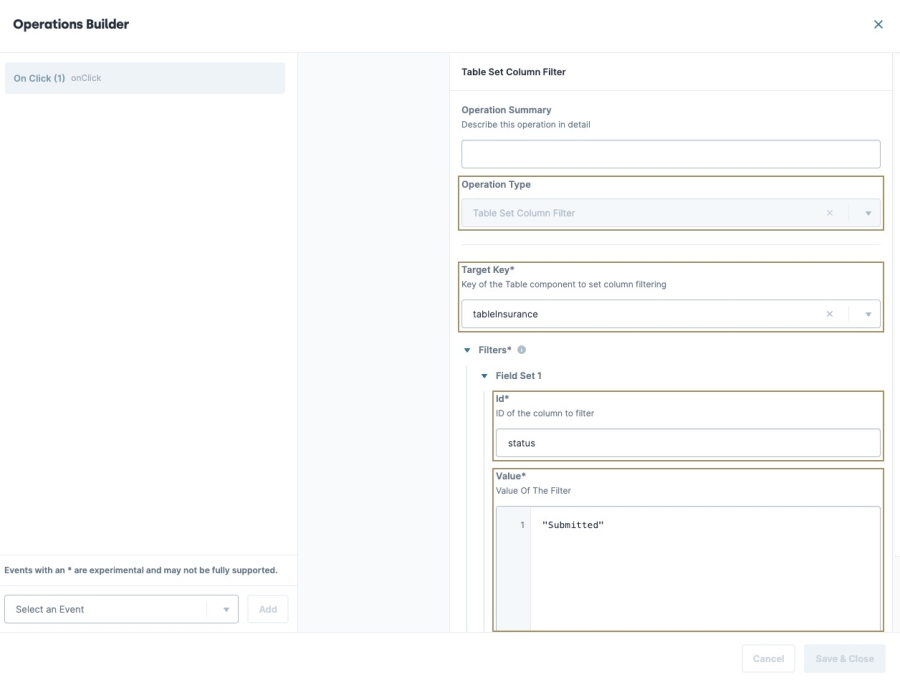 A static image displaying the Button component's Events & Operations builder.