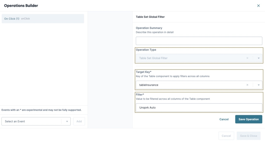 A static image displaying the Button component's Events & Operations builder.