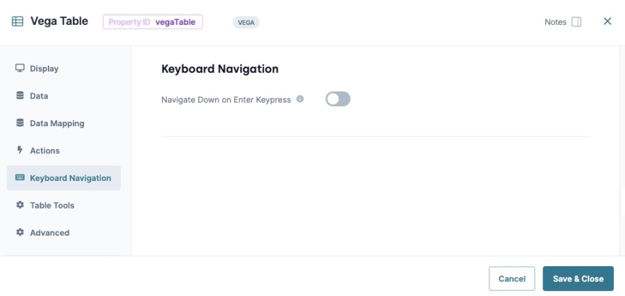 Image displaying the Vega Table component's Keyboard Navigation Panel Settings.