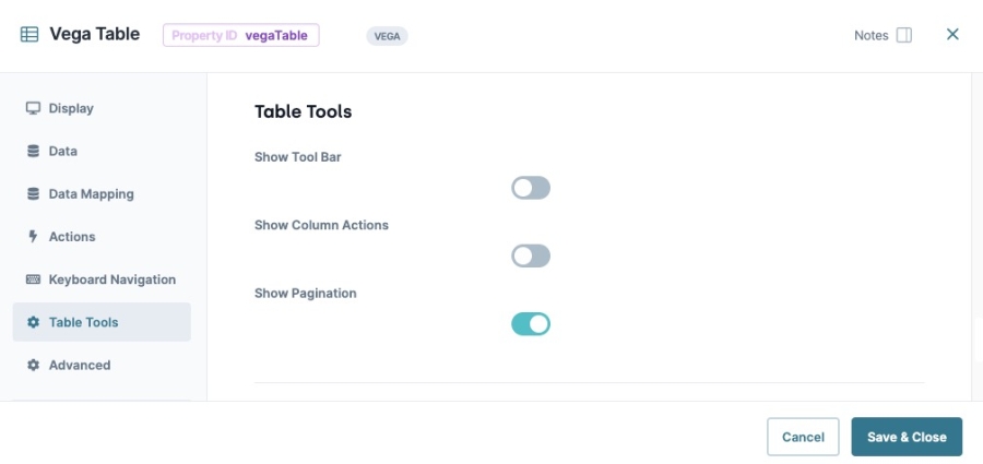 Image displaying the Vega Table component's Table Tools Panel Settings.