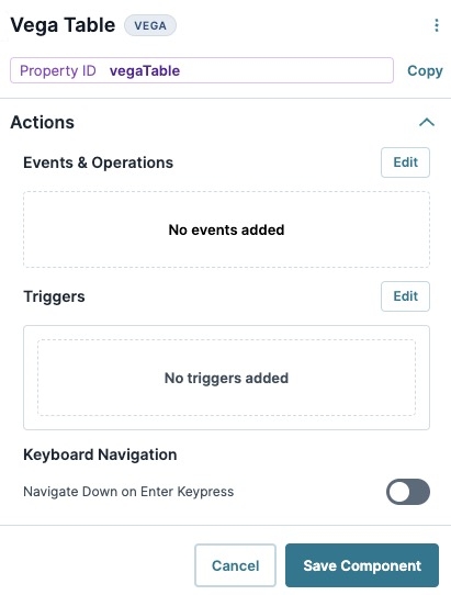 Image displaying the Vega Table component's Action Panel Settings.