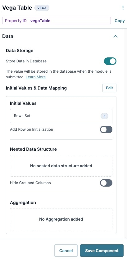 Image displaying the Vega Table component's Data Panel Settings.