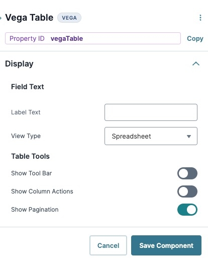 Image displaying the Vega Table component's Display Panel Settings.