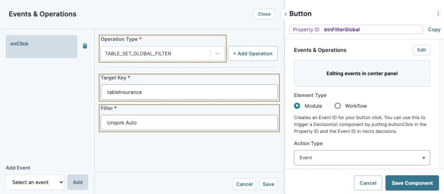 A static image displaying the Button component's Events & Operations builder.