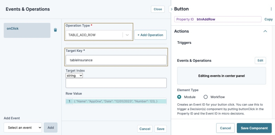 A static image displaying the Button component's Events & Operations builder.