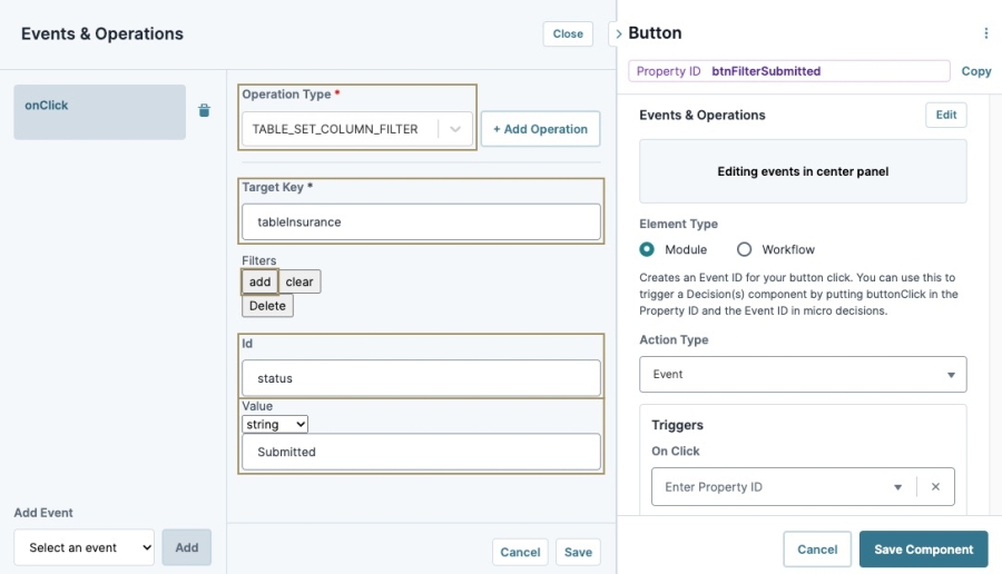 A static image displaying the Button component's Events & Operations builder.