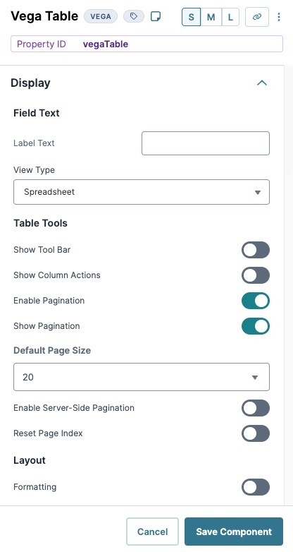 Image displaying the Vega Table component's Display Panel Settings.