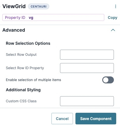 A static image displaying the View Grid component's Advanced settings.