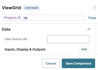 A static image displaying the Viewgrid Component's Data settings.