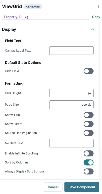 A static image displaying the ViewGrid component's Display settings.