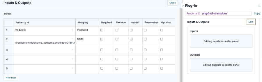 A static image displaying the completed Plug-In component configuration with the Inputs table filled out.