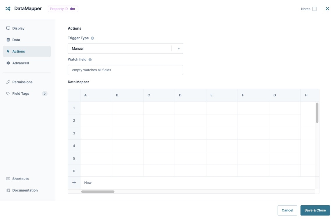A static image dispalying the DataMapper component's Actions settings.