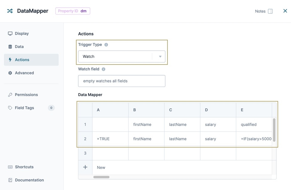 A static image displaying the Data Mapper component's Actions settings. The Trigger type is set to watch, and the Data Mapper table is filled out.