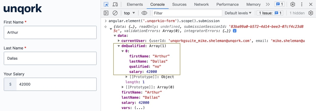 A static image displaying the module in Express View. The DataMapper data displays using the Angular command.