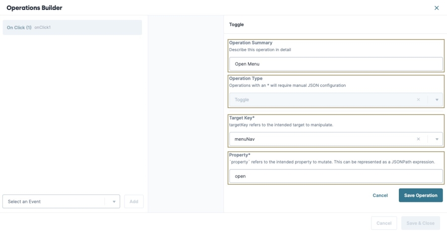 A static image displaying the Button component's Operation builder. the Operation type is set to Toggle, and the fields are filled out.