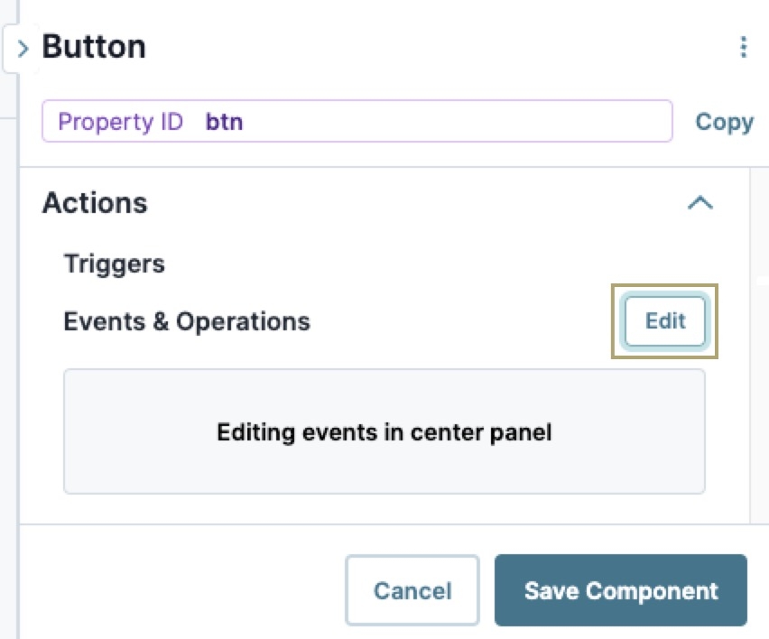 A static image displaying a component's configuration settings, the Operations Builder Edit button is highlighted.