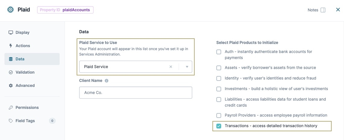 A static image displaying the Plaid component's data settings. The Plaid Service to Use and Select Plaid Products to Initialize settings are highlighted.