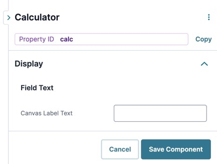 A static image displaying the UDesigner Calculator Component's Display Field Text settings.