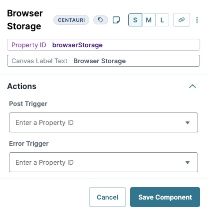 A static image displaying the Browser Storage component's Configuration Actions settings.