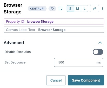 A static image displaying the Browser Storage component's Advanced settings.