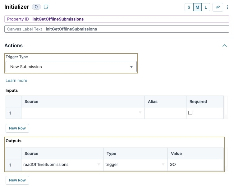 A static image displaying the Initializer component's Acction settings. The Trigger Type is set to New Submission and the  Outputs Table includes a row with the readOfflineSubmissions property ID.