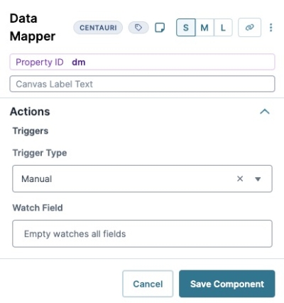 A static image dispalying the DataMapper component's Actions settings.