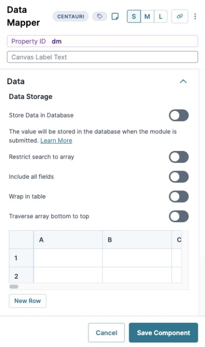 A static image displaying the Data Mapper component's data settings.