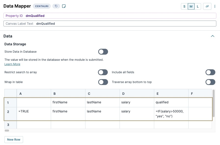 A static image displaying the Data Mapper component's Actions settings. The Trigger type is set to watch, and the Data Mapper table is filled out.