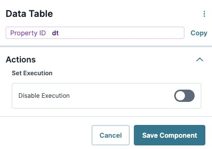 A static image displaying the Data Table component's Actions settings.