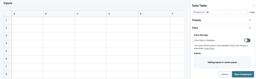 A static image dispalying the Data Table component's Data Settings