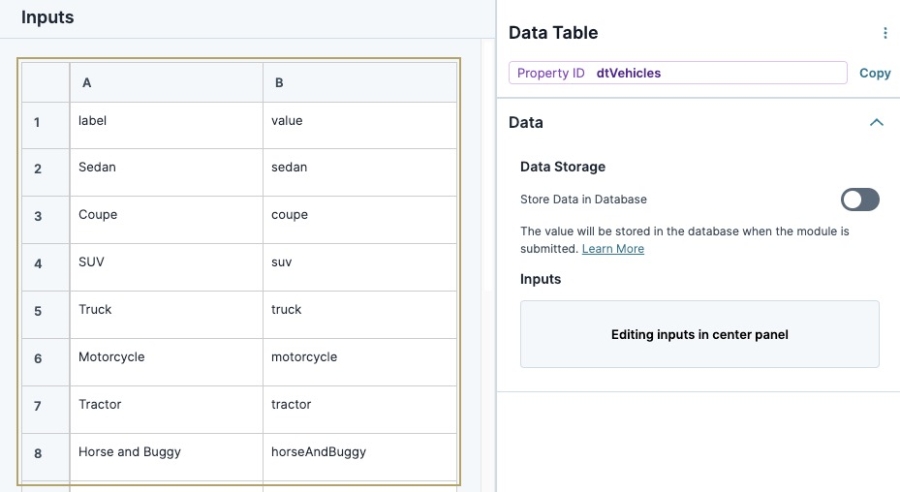 A static image displaying the Data Table component's configuration window. The data table list displays several types of vehicles.