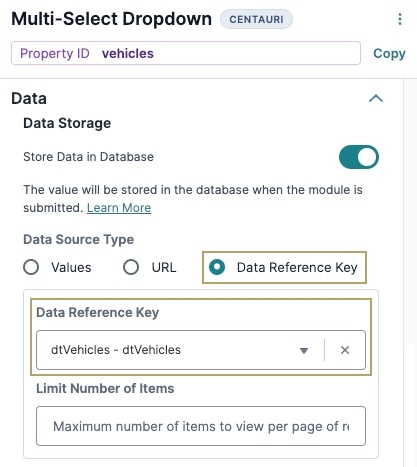 A static image displaying the Multi-Select Dropdown component's Data configuration settings. The Data Source Type is set to Data Reference Key and the Data Reference Key dropdown is set to dtVehicles.