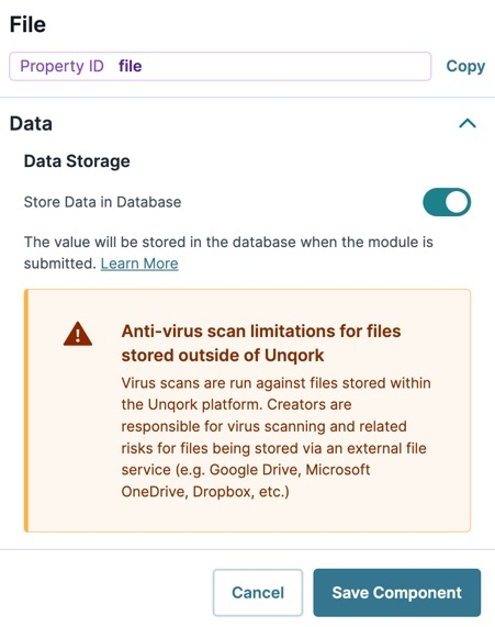 A static image displaying the File component's Data settings.