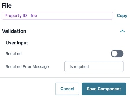 A static image displaying the File component's Validation settings.