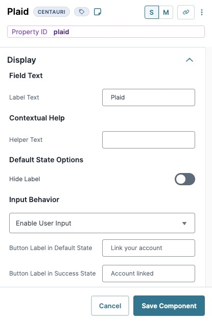 A static image displaying the Plaid Component's Display settings.