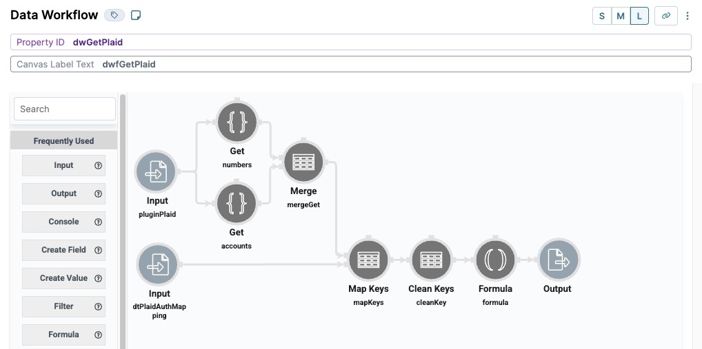 A static image displaying the dwfGetPlaid DataWorkflow Component with its operators added and connected.